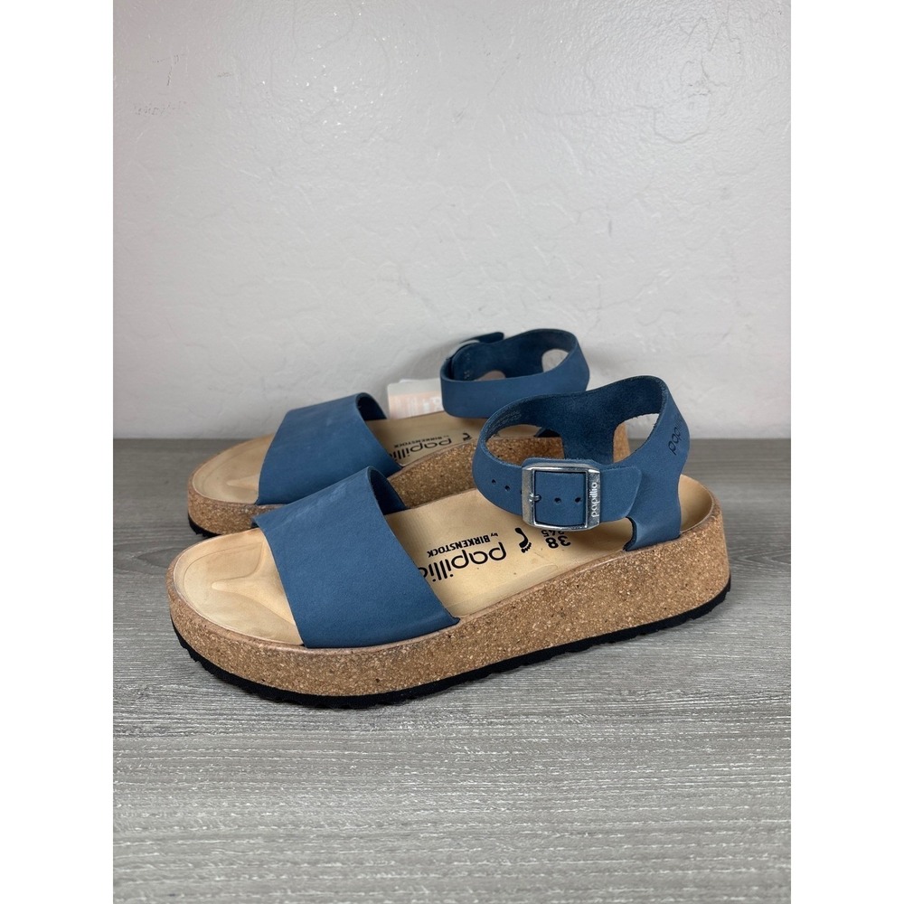 Papillio by Birkenstock Glenda Blue Nubuck Leather Platform Wedge Sandals 38 L7